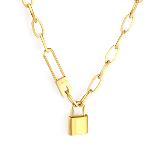 Wholesale 18K Gold Plated Paperclip Chain Lock Pendant Necklace Industrial Hardware Vintage
