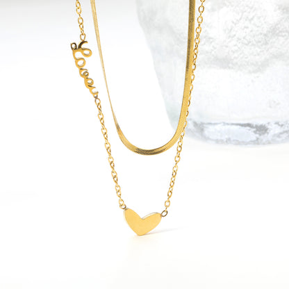 Bulk Gold toned Stainless Steel Double layer Chain with Heart Accent Necklace Fashionable Style