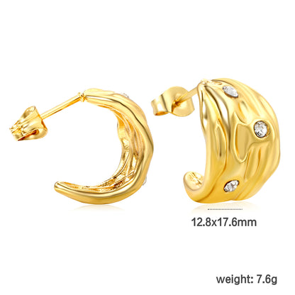 Wholesale Stainless Steel 18K Gold Plated Irregular Pattern C Shape Open Stud Earrings with Sticky White Diamonds