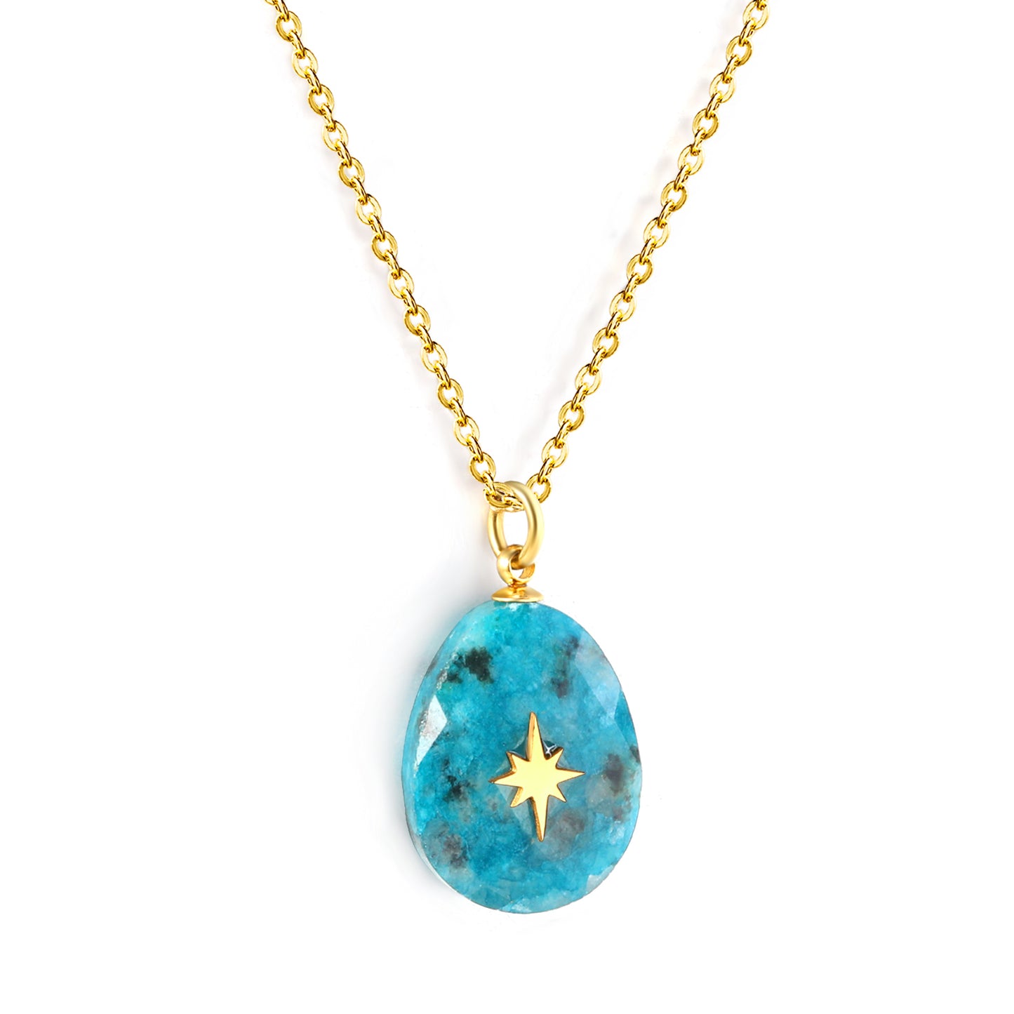 Wholesale Gold toned Stainless Steel Blue Oval Star adorned Pendant Necklace Mysterious Style