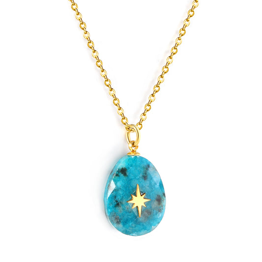 Wholesale Gold toned Stainless Steel Blue Oval Star adorned Pendant Necklace Mysterious Style