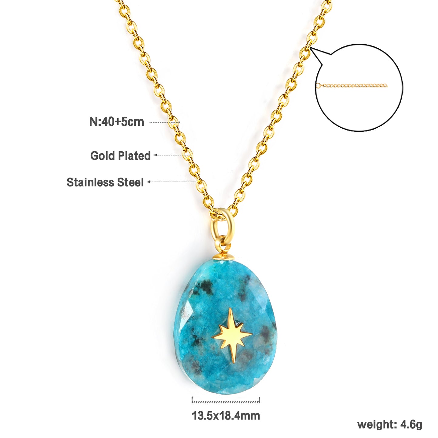 Wholesale Gold toned Stainless Steel Blue Oval Star adorned Pendant Necklace Mysterious Style
