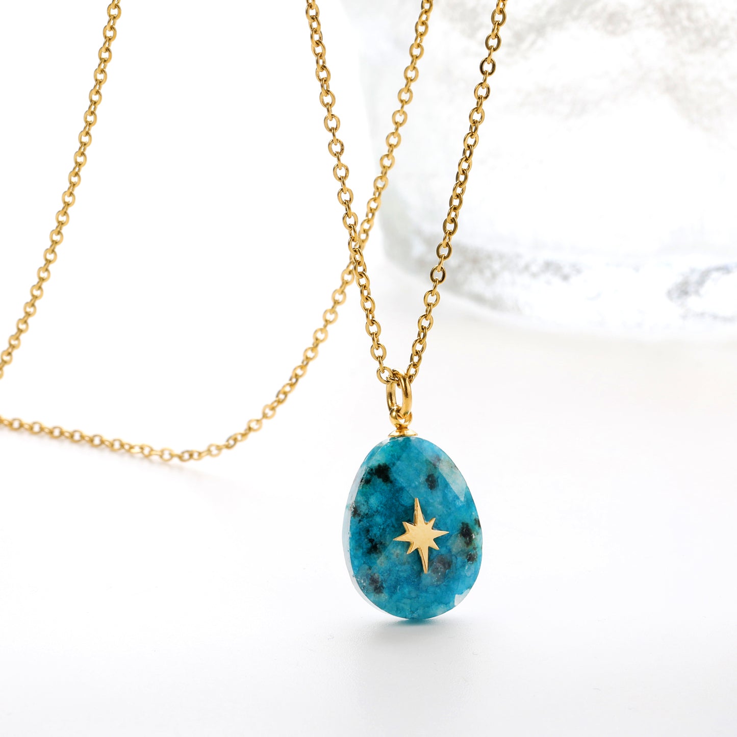 Wholesale Gold toned Stainless Steel Blue Oval Star adorned Pendant Necklace Mysterious Style