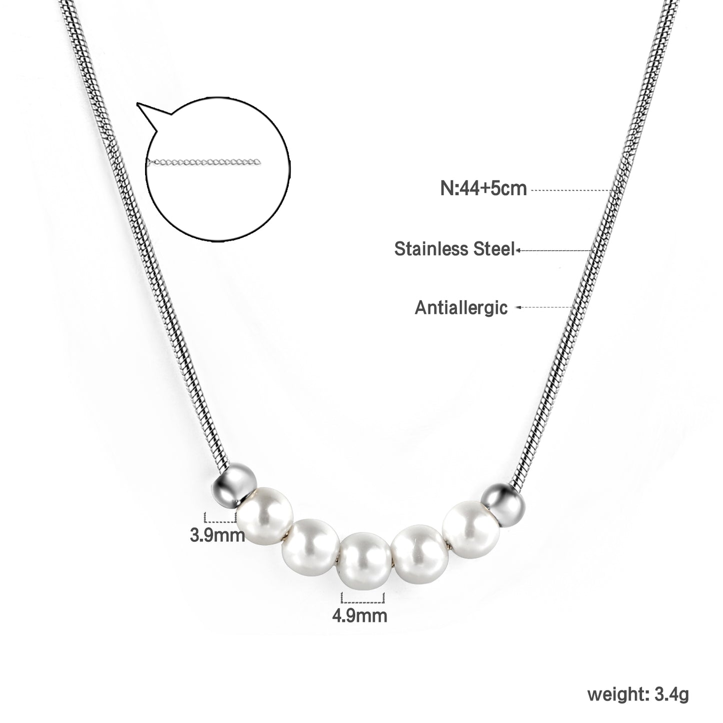 Wholesale Stainless Steel 5 White Pearls 2 Steel Beads Necklace