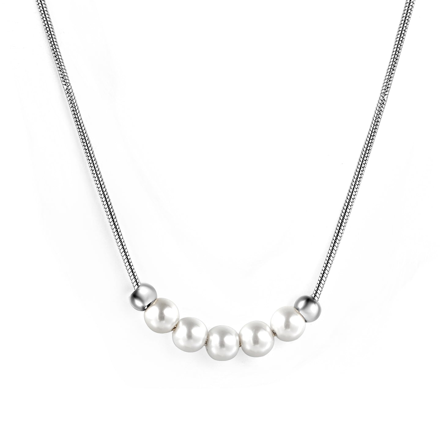 Wholesale Stainless Steel 5 White Pearls 2 Steel Beads Necklace
