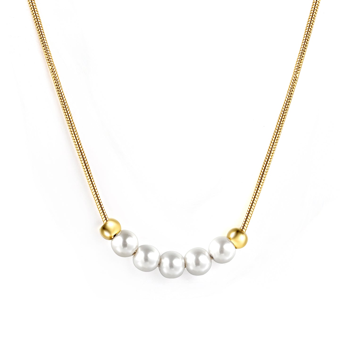 Wholesale Stainless Steel 5 White Pearls 2 Steel Beads Necklace