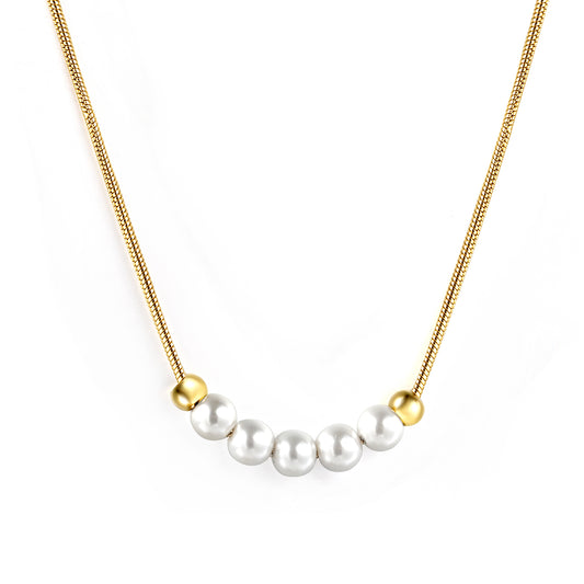 Wholesale Stainless Steel 5 White Pearls 2 Steel Beads Necklace