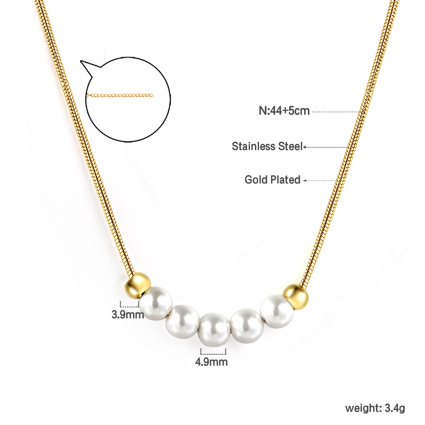 Wholesale Stainless Steel 5 White Pearls 2 Steel Beads Necklace