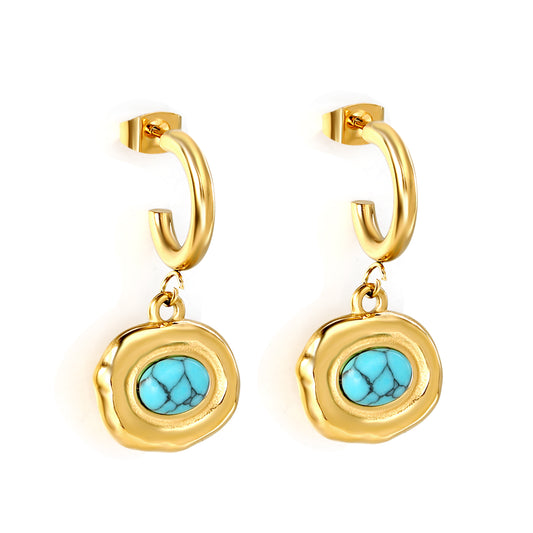 Wholesale 18K Gold C-Shape + Oval Shaped with Oval Blue Turquoise Stud Earrings Opulent Elegance