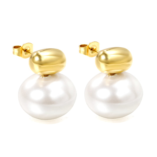 Wholesale Stainless Steel Hollow Cylinder with Flat Round White Pearl Earrings Pure Beauty