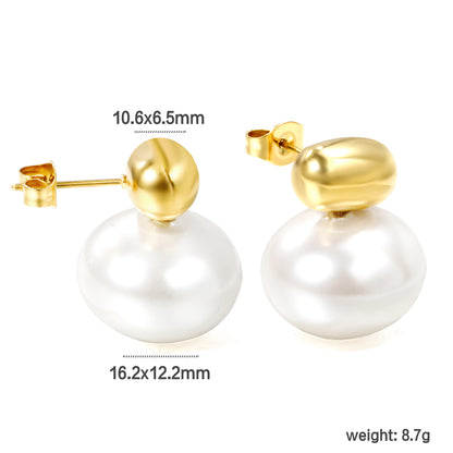 Wholesale Stainless Steel Hollow Cylinder with Flat Round White Pearl Earrings Pure Beauty