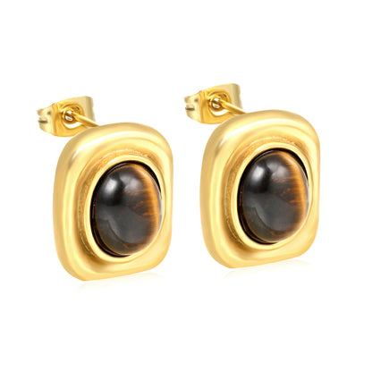 Wholesale Stainless Steel Natural Tiger Eye Stone Stud Earrings