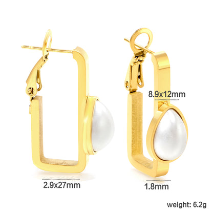 Wholesale Golden Stainless Steel Rectangular Hoop Earrings with Teardrop-Shaped Semi-White Pearls