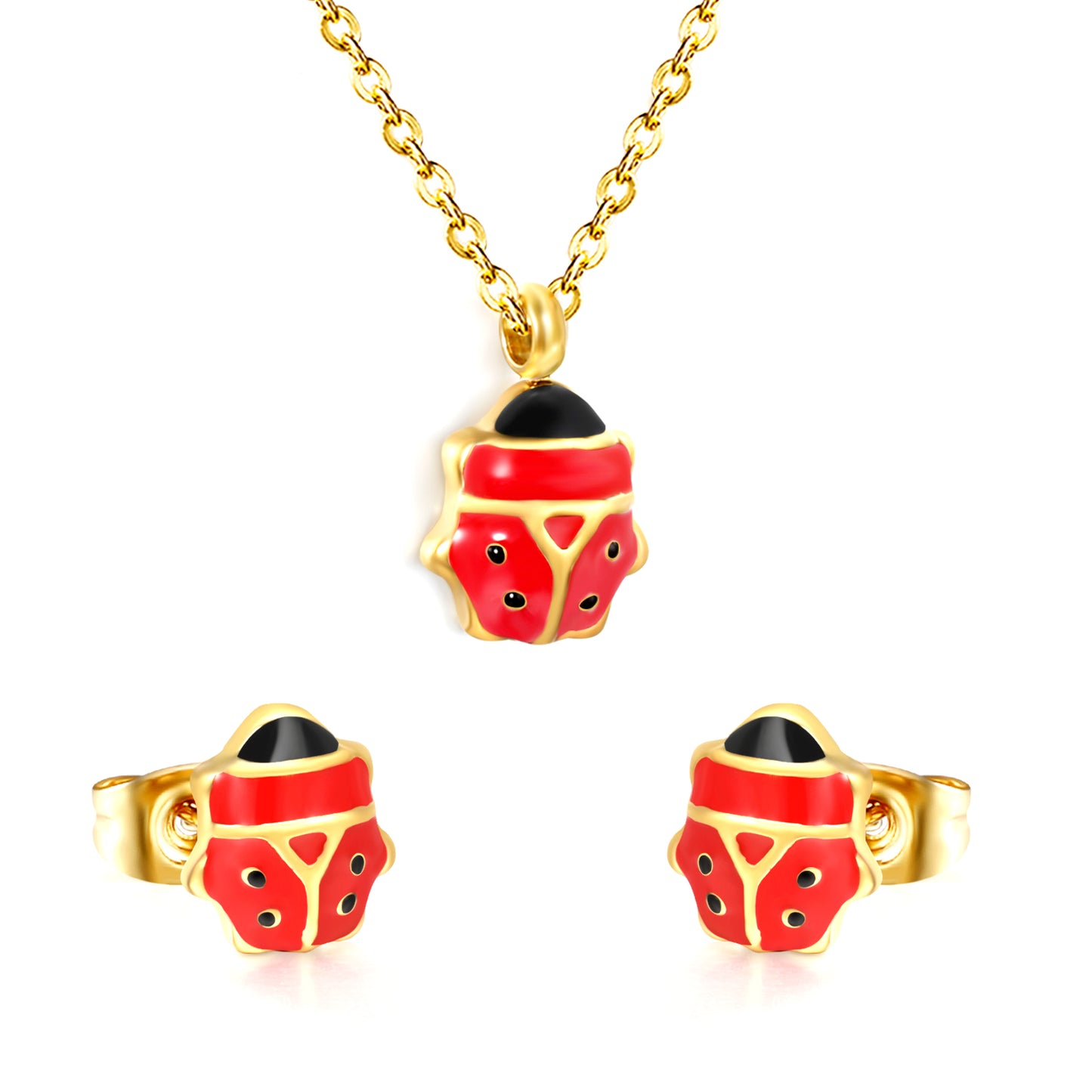 Stainless Steel Gold-Plated Seven-Star Ladybug Set & Cross Chain + Round Tag Jewelry Supplier