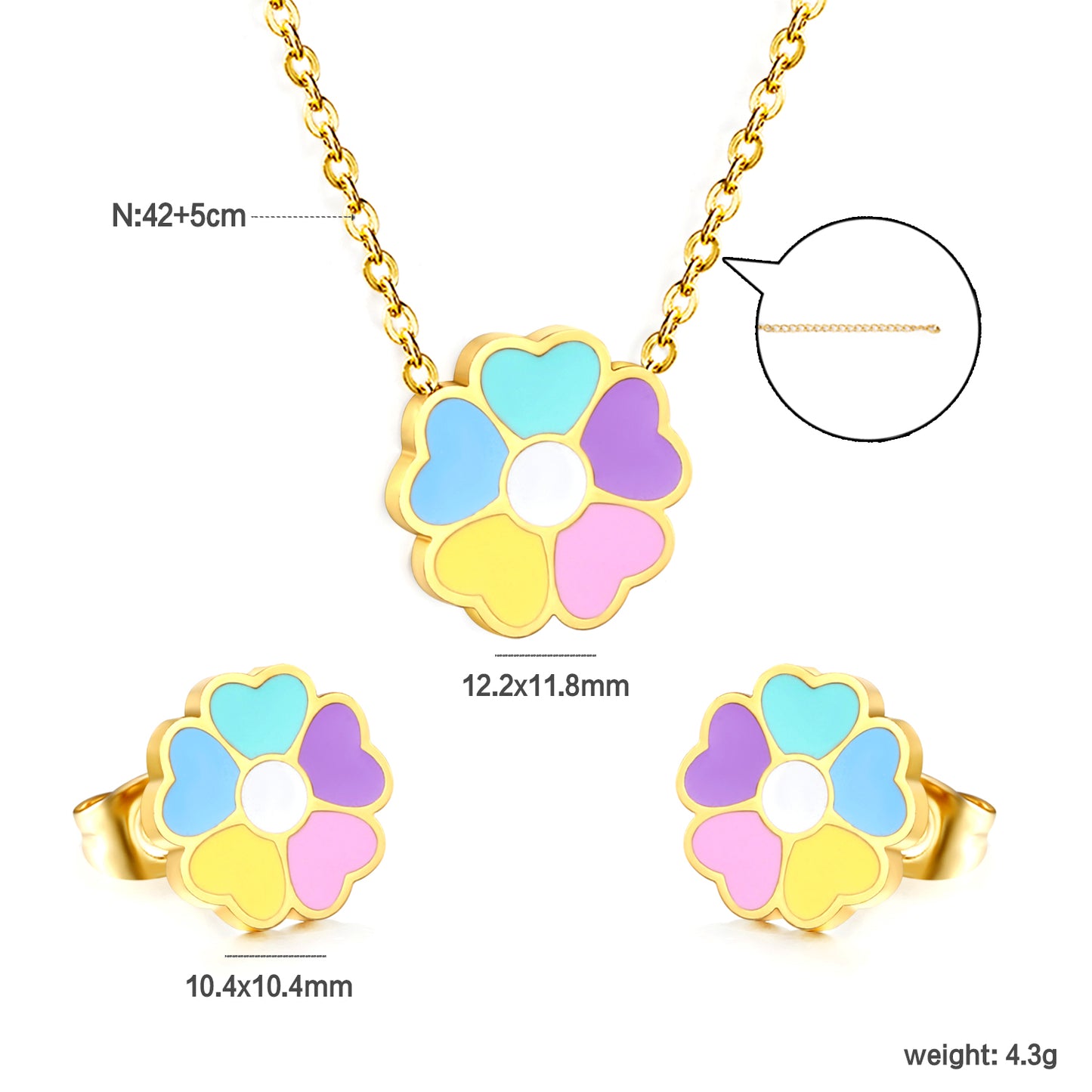 Stainless Steel Gold-Plated Colorful Flower Set & Cross Chain + Round Tag Jewelry Supplier