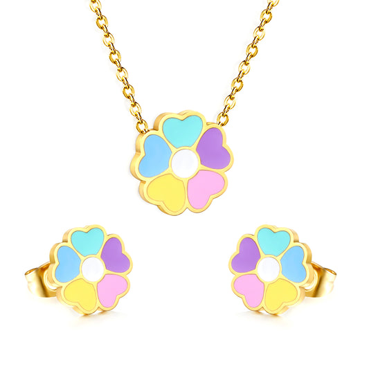 Stainless Steel Gold-Plated Colorful Flower Set & Cross Chain + Round Tag Jewelry Supplier