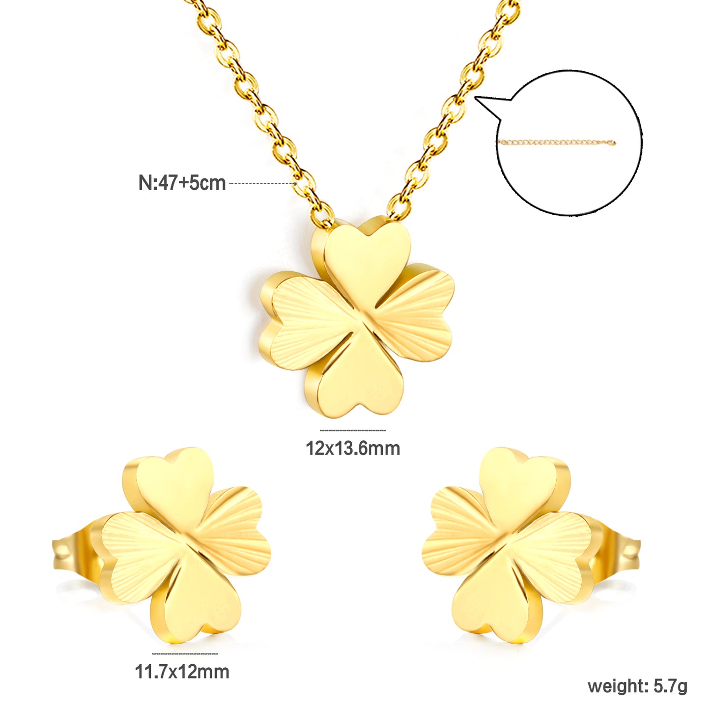 Stainless Steel Gold Four-Leaf Clover Set & Cross Chain + Square Tag Jewelry Supplier