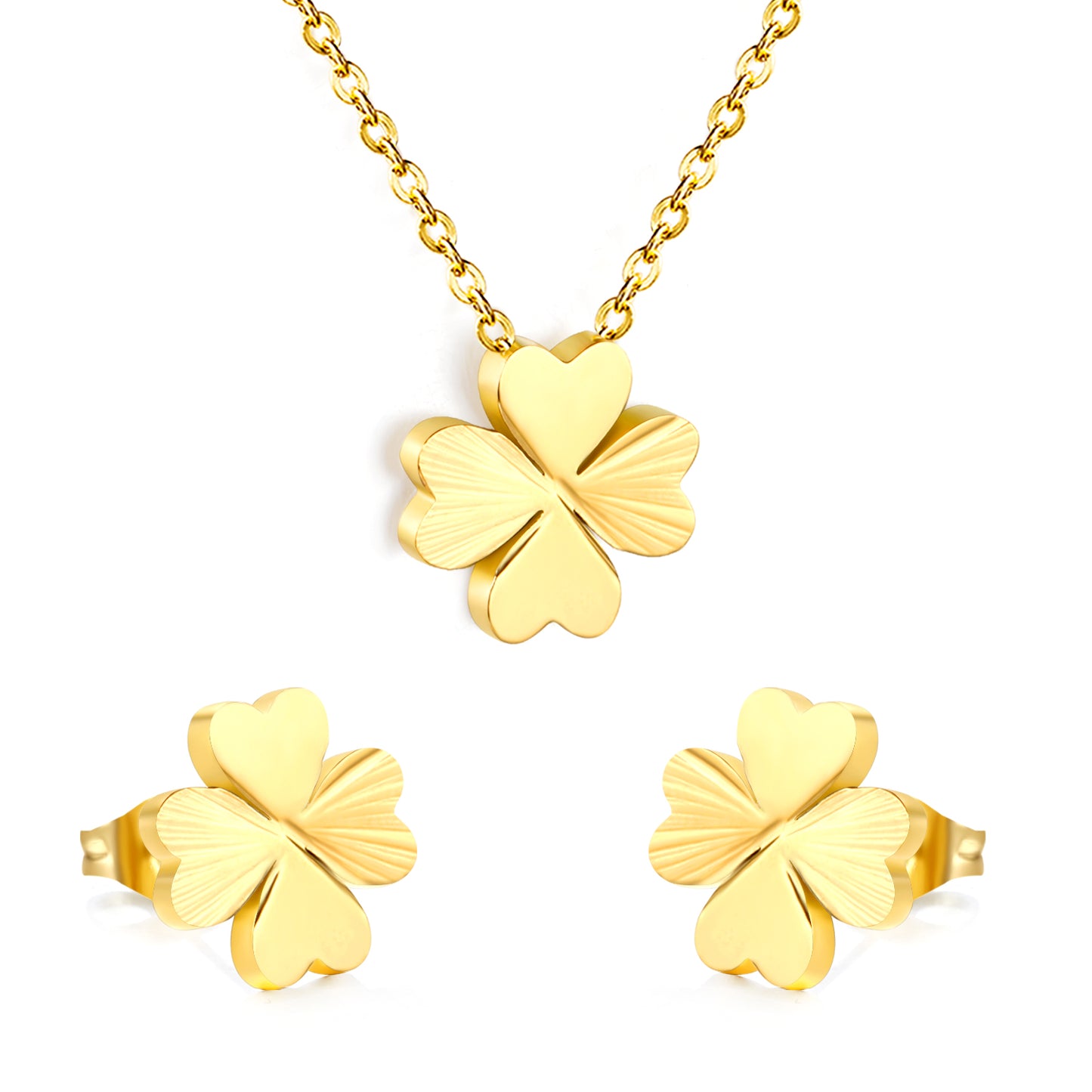 Stainless Steel Gold Four-Leaf Clover Set & Cross Chain + Square Tag Jewelry Supplier