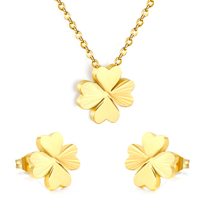 Stainless Steel Gold Four-Leaf Clover Set & Cross Chain + Square Tag Jewelry Supplier