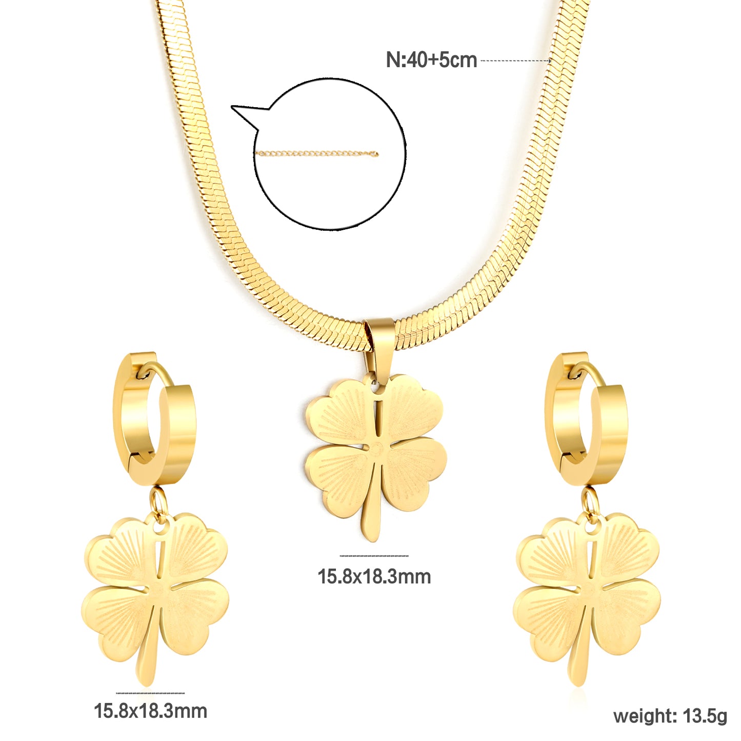 Stainless Steel Gold Four-Leaf Clover Necklace and Earring Set & Push-Lock Chain + Round Tag Jewelry Supplier