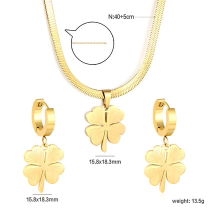 Stainless Steel Gold Four-Leaf Clover Necklace and Earring Set & Push-Lock Chain + Round Tag Jewelry Supplier