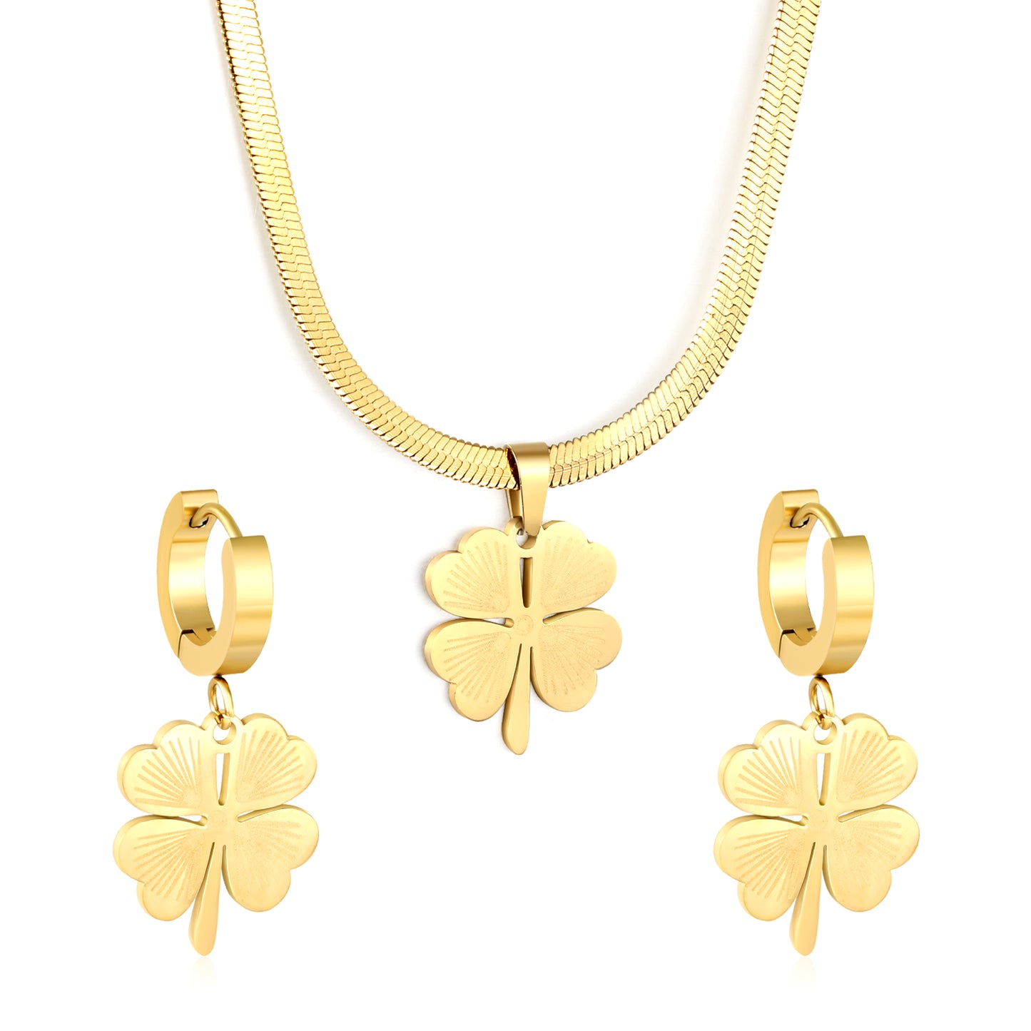 Stainless Steel Gold Four-Leaf Clover Necklace and Earring Set & Push-Lock Chain + Round Tag Jewelry Supplier
