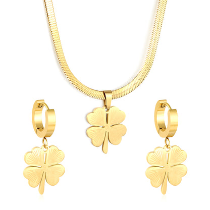 Stainless Steel Gold Four-Leaf Clover Necklace and Earring Set & Push-Lock Chain + Round Tag Jewelry Supplier