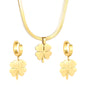 Stainless Steel Gold Four-Leaf Clover Necklace and Earring Set & Push-Lock Chain + Round Tag Jewelry Supplier
