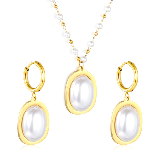 Stainless Steel Gold Pearl Necklace & Earrings Set with Pearl + Steel Bead Chain Round Tail Plaque Jewelry Supplier