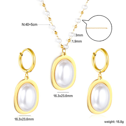 Stainless Steel Gold Pearl Necklace & Earrings Set with Pearl + Steel Bead Chain Round Tail Plaque Jewelry Supplier