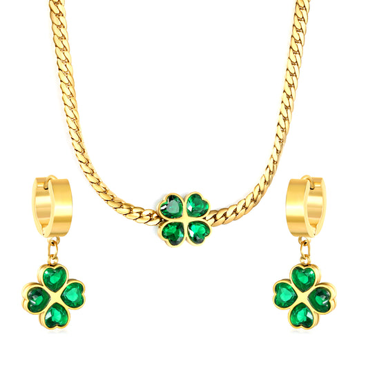Stainless Steel Gold Four-Leaf Green Zircon Necklace and Earrings Set & Gold Dragon Chain + Square Tag Jewelry Supplier