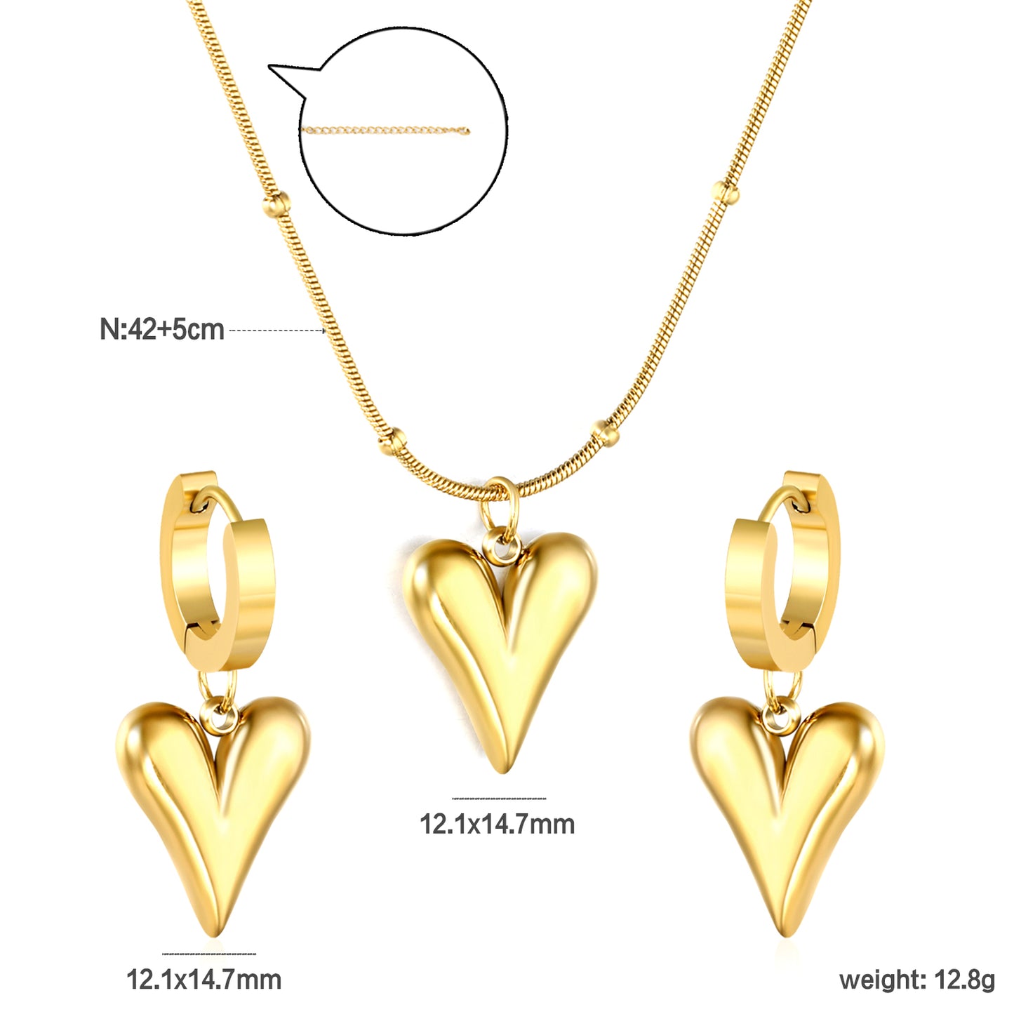 Stainless Steel Gold Pointed Heart Set & Round Snake Chain Jewelry Supplier
