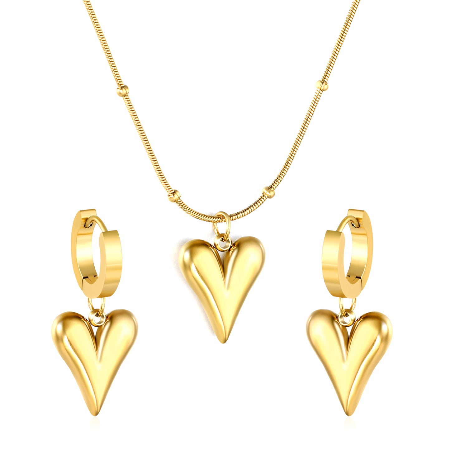 Stainless Steel Gold Pointed Heart Set & Round Snake Chain Jewelry Supplier
