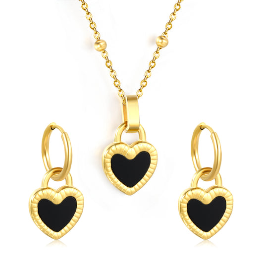 Stainless Steel Gold Double-Sided Black Shell Heart Set & Pearl Chain + Round Tag Jewelry Supplier