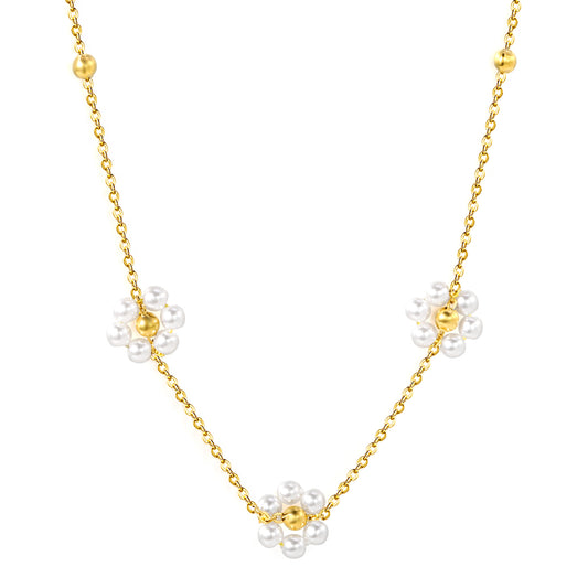 Wholesale Stainless Steel Beads 3 Flowers with White Pearls Pendant Necklace