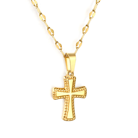 Stainless Steel Gold Cross Pendant Lip Chain + Round-Shaped Tag Necklace Jewelry Supplier