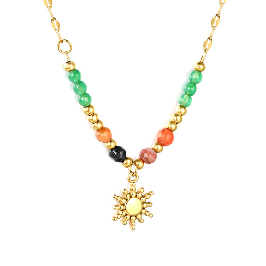 Stainless Steel Mixed-Color Natural Stone + Steel Beads + Sun Pendant Lip Chain + Square-Shaped Tag Necklace Jewelry Supplier