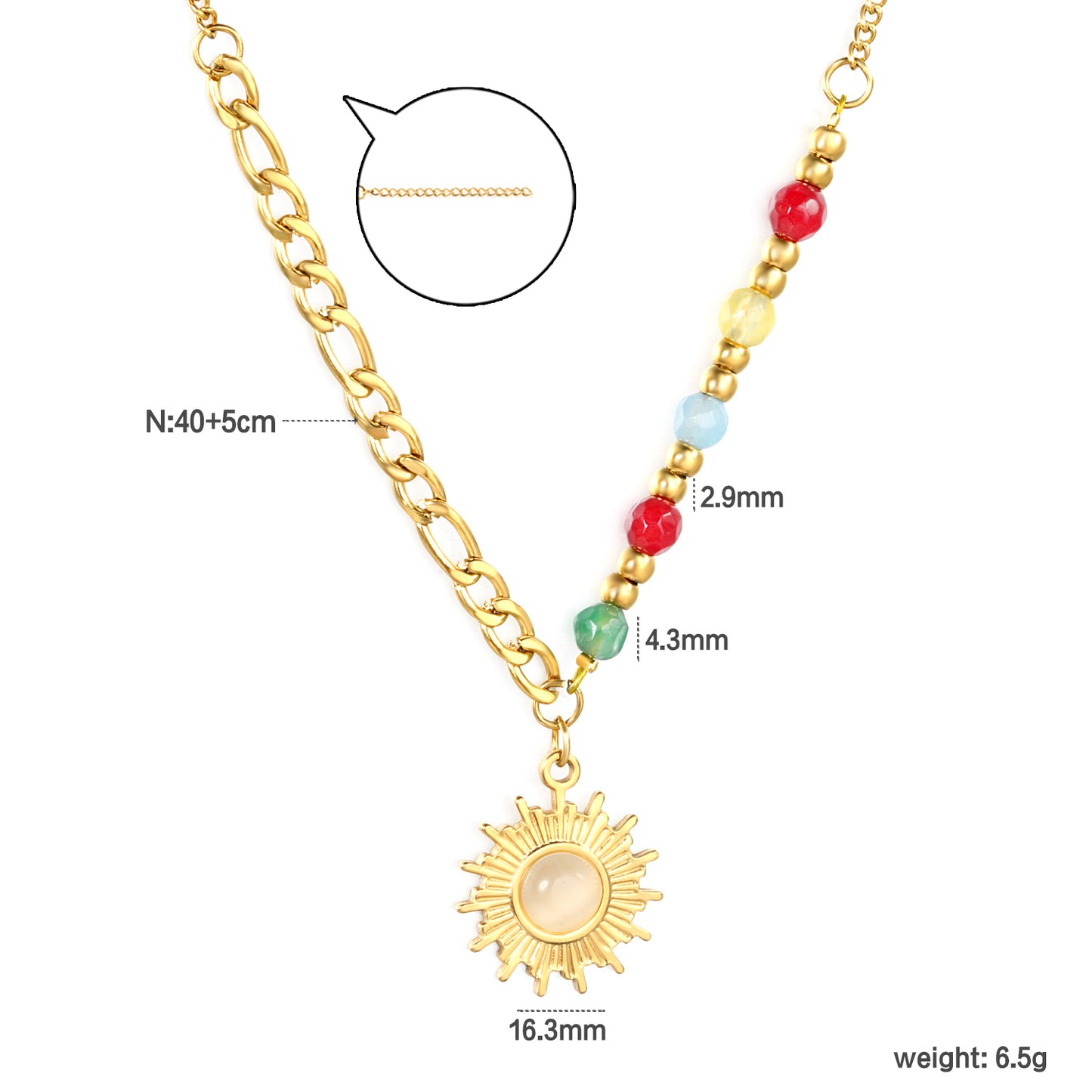 Stainless Steel Natural Colored Stone + Steel Beads + Sun Pendant Necklace Jewelry Supplier