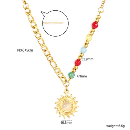 Stainless Steel Natural Colored Stone + Steel Beads + Sun Pendant Necklace Jewelry Supplier