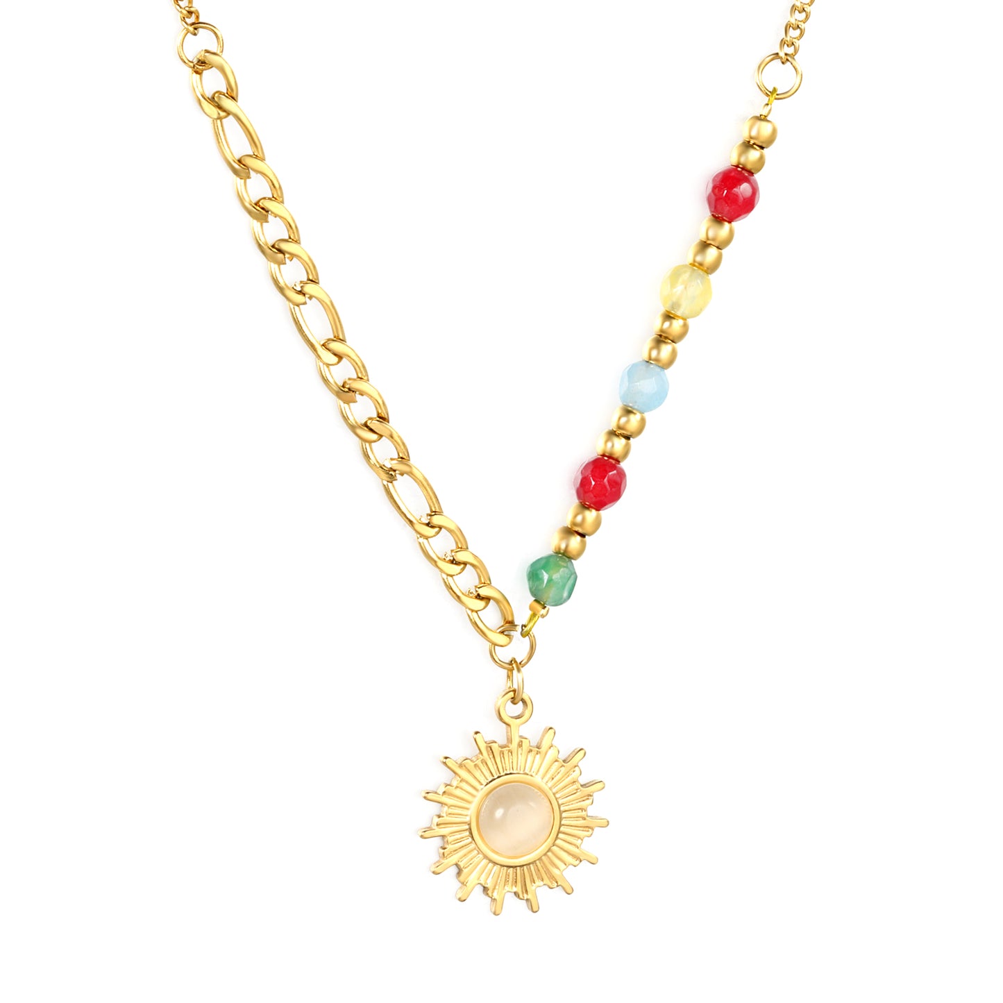 Stainless Steel Natural Colored Stone + Steel Beads + Sun Pendant Necklace Jewelry Supplier