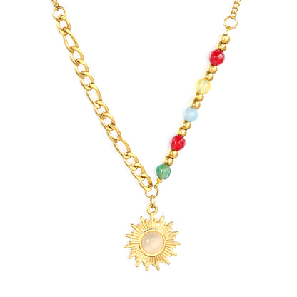 Stainless Steel Natural Colored Stone + Steel Beads + Sun Pendant Necklace Jewelry Supplier