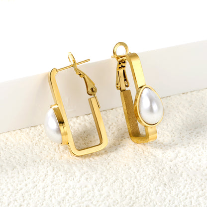 Wholesale Golden Stainless Steel Rectangular Hoop Earrings with Teardrop-Shaped Semi-White Pearls