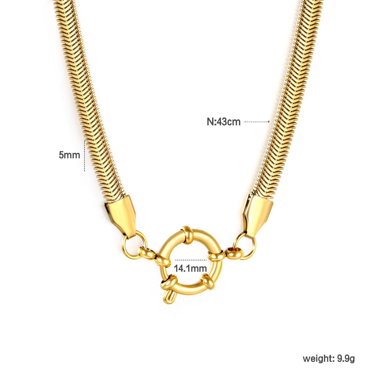 Stainless Steel Gold-Plated Flat Snake Chain + Round Clasp Necklace Jewelry Supplier