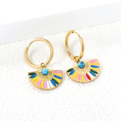 Wholesale Stainless Steel Circle+Scalloped with Colorful Oil Drops+Semi-circle Blue Turquoise Earrings