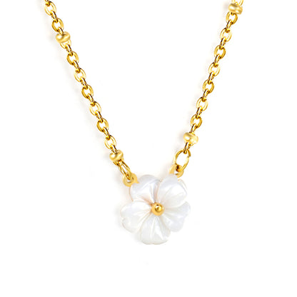Stainless Steel Gold White Shell Peach Blossom Flower Bead Chain + Round Tag Necklace Jewelry Supplier