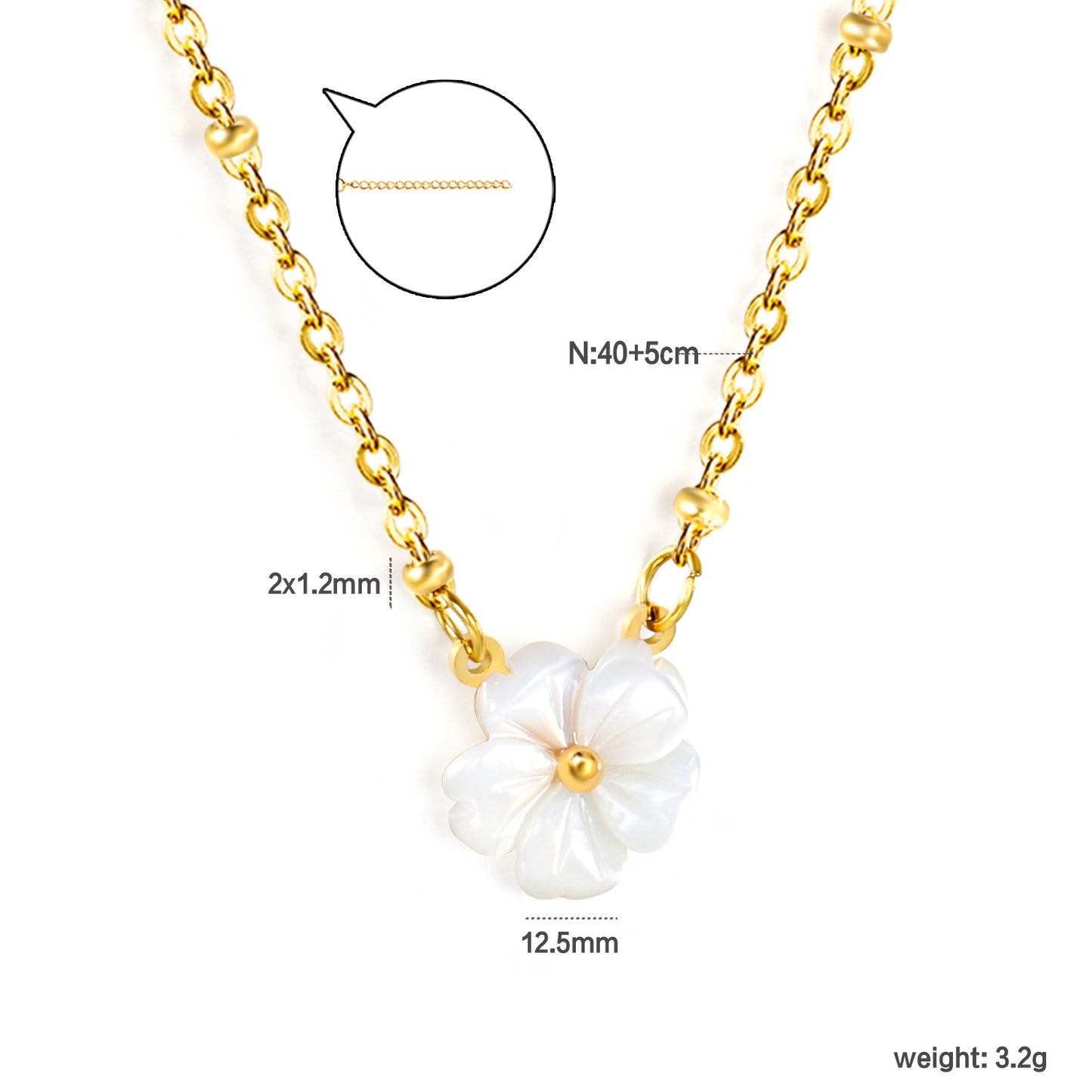 Stainless Steel Gold White Shell Peach Blossom Flower Bead Chain + Round Tag Necklace Jewelry Supplier
