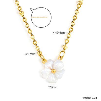 Stainless Steel Gold White Shell Peach Blossom Flower Bead Chain + Round Tag Necklace Jewelry Supplier