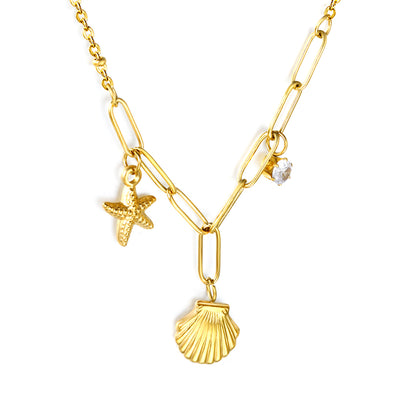 Stainless Steel Gold Shell + Starfish + Cylinder White Diamond Necklace Jewelry Supplier