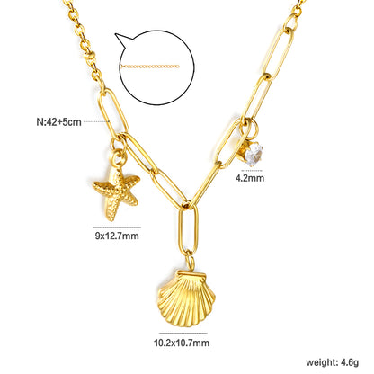Stainless Steel Gold Shell + Starfish + Cylinder White Diamond Necklace Jewelry Supplier