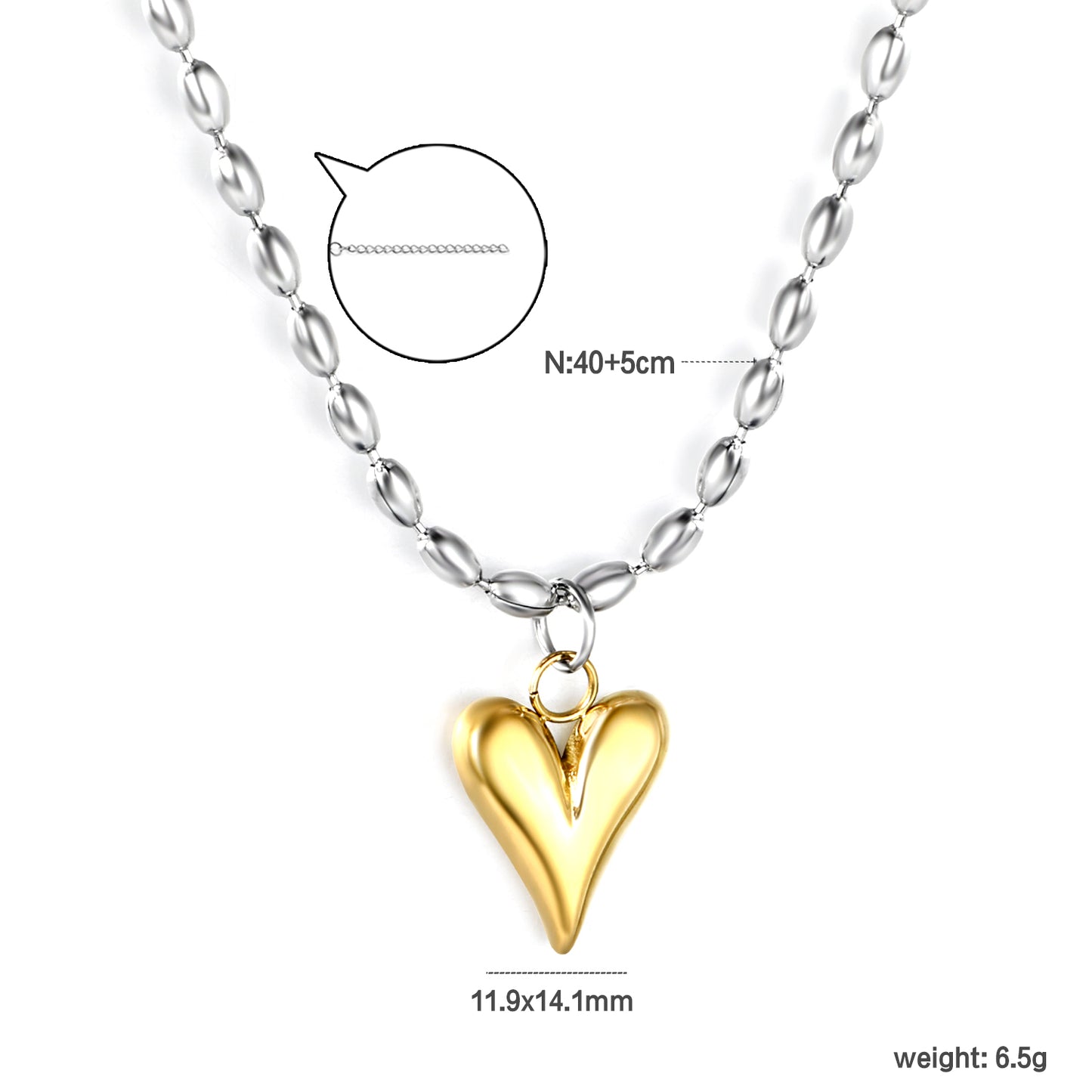 Stainless Steel Heart Pendant & Rice Grain Bead Chain Necklace Jewelry Supplier
